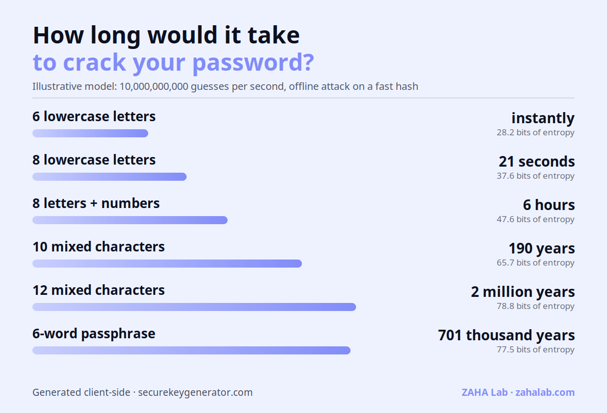 Chart: estimated time to crack passwords by pattern, from instantly for 6 lowercase letters to thousands of years for a 12-character mixed password or a 4-word passphrase