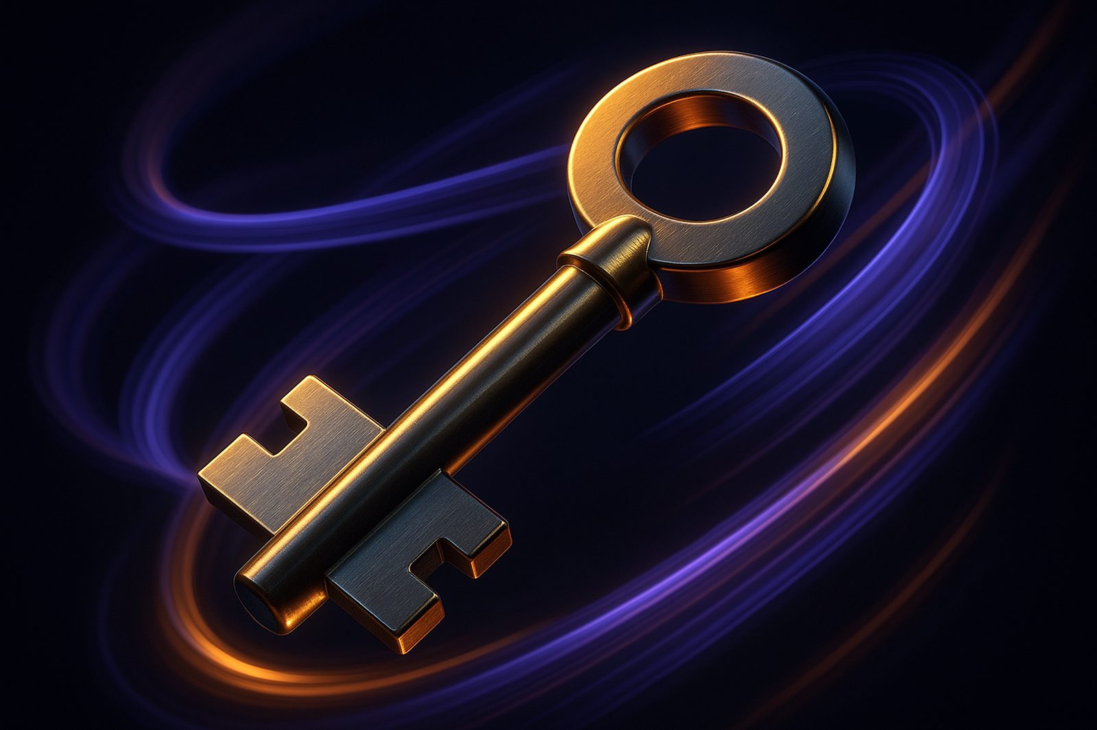 Abstract artwork: a glowing key in indigo and amber light